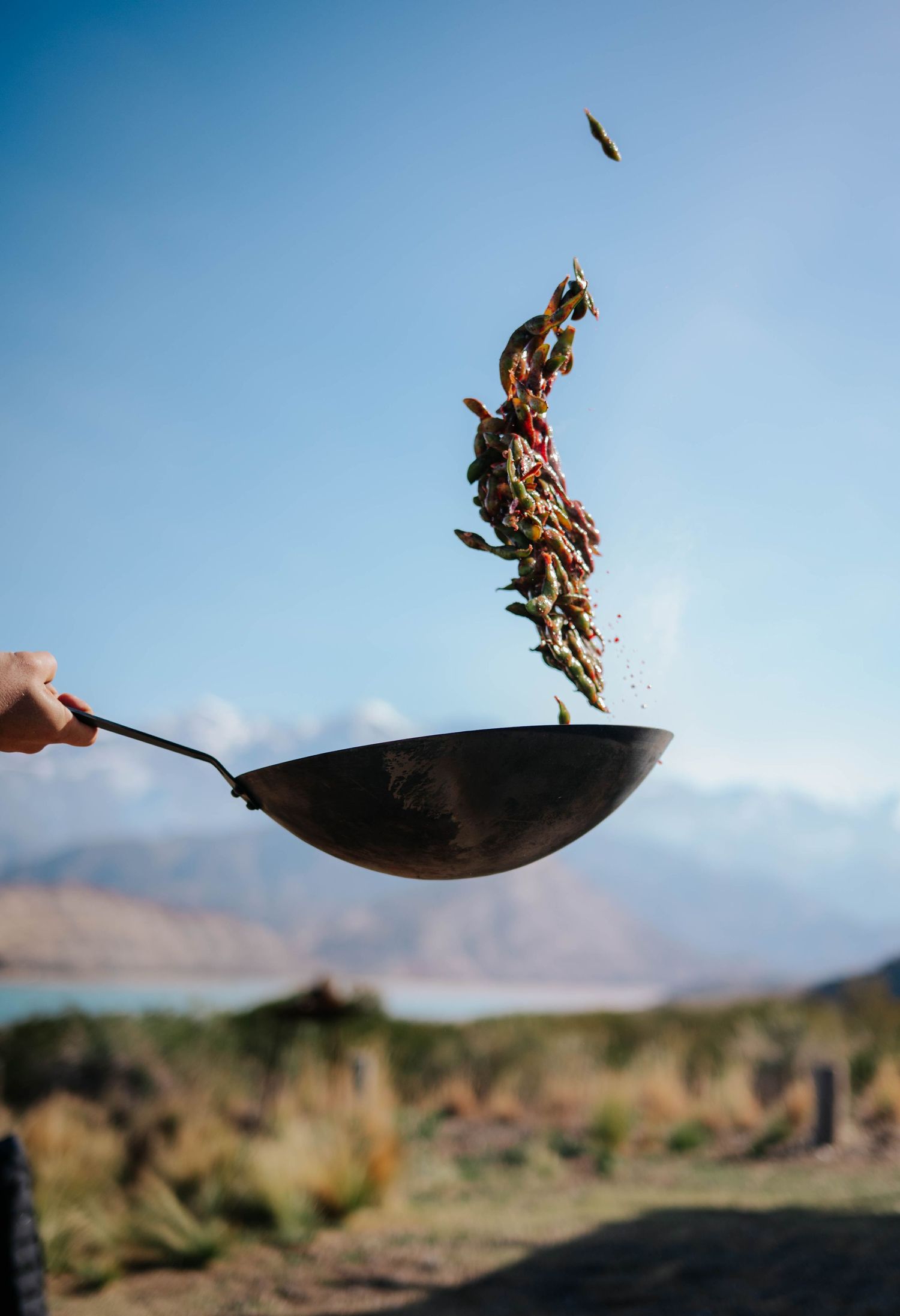 Colorful vegetables being tossed in a wok against a bright blue sky and mountain backdrop.