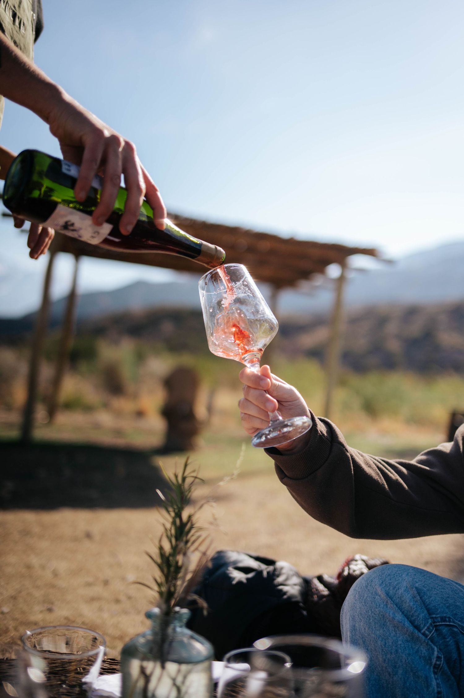 Hand holding wine glass while rose wine is poured at sunny outdoor vineyard event.