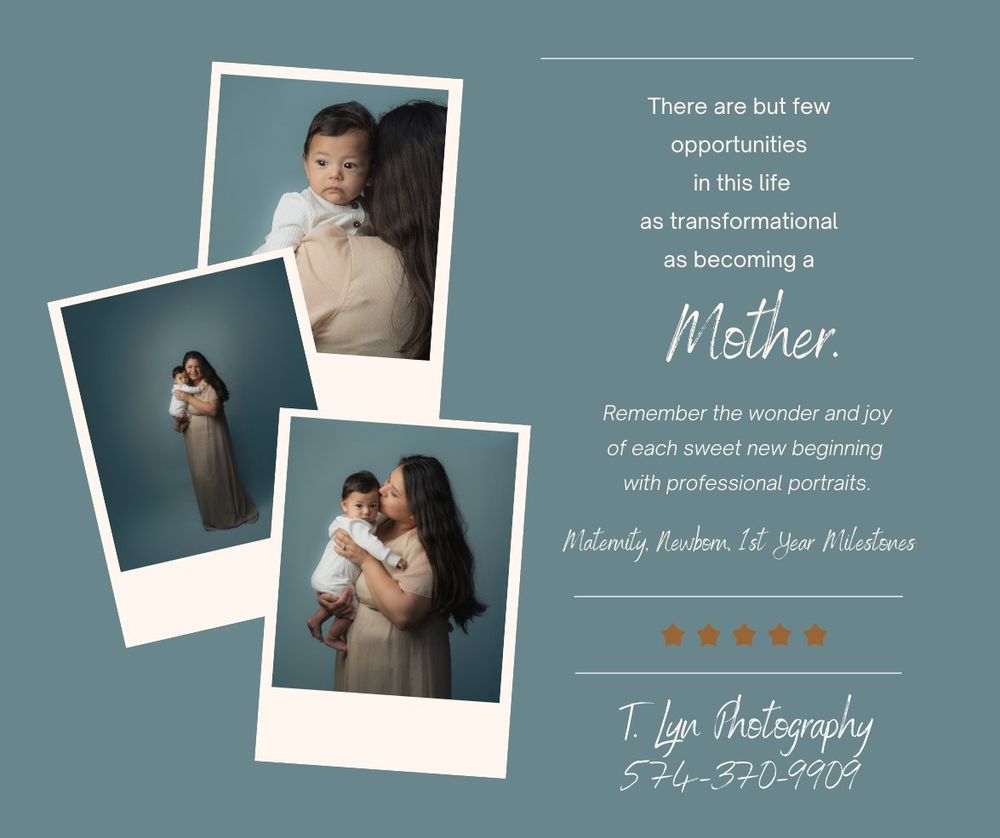 Marketing template for maternity photography featuring polaroid-style images on blue-gray background.