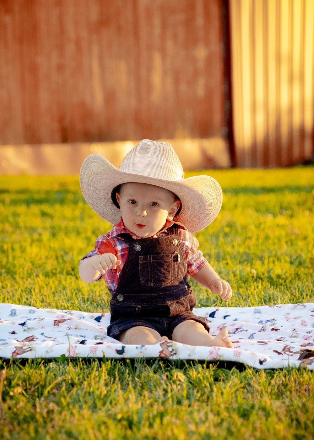 Small child in a white cowboy hat and denim overalls sits on a floral blanket in a sunny field of yellow flowers.