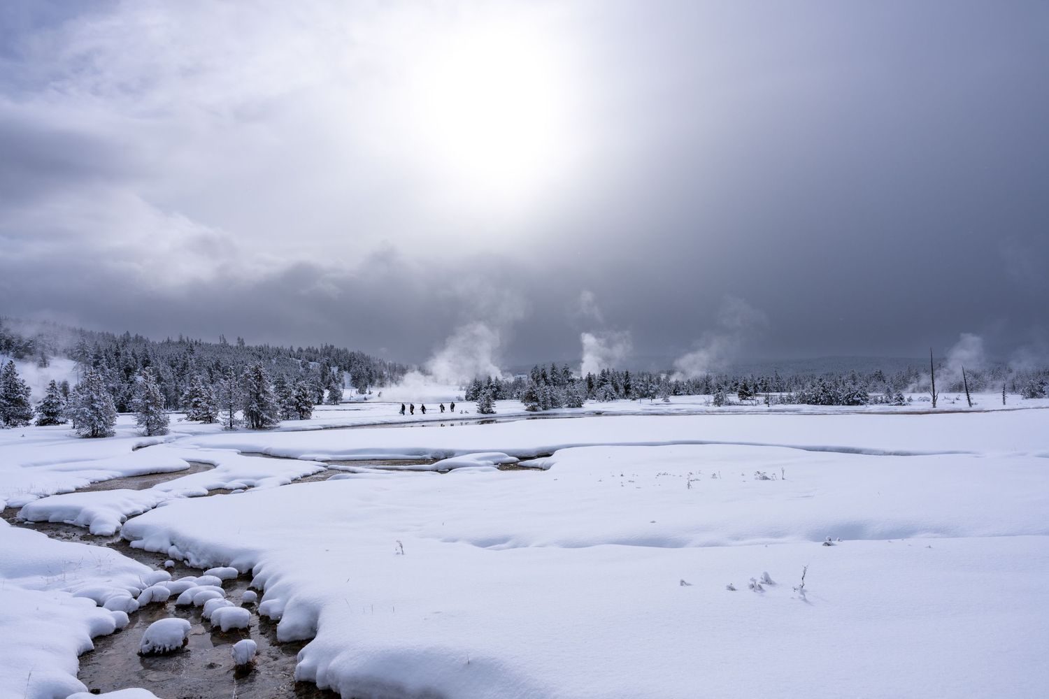 Group of Hikers walk across the snowy landscape of Yellowstone National Parks Biscuit Basin. Image Available for purchase in the Store