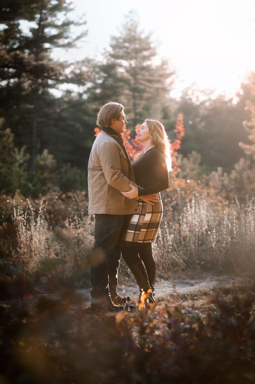 A couple embraces in a sunlit field during golden hour as warm light filters through evergreen trees in the background.