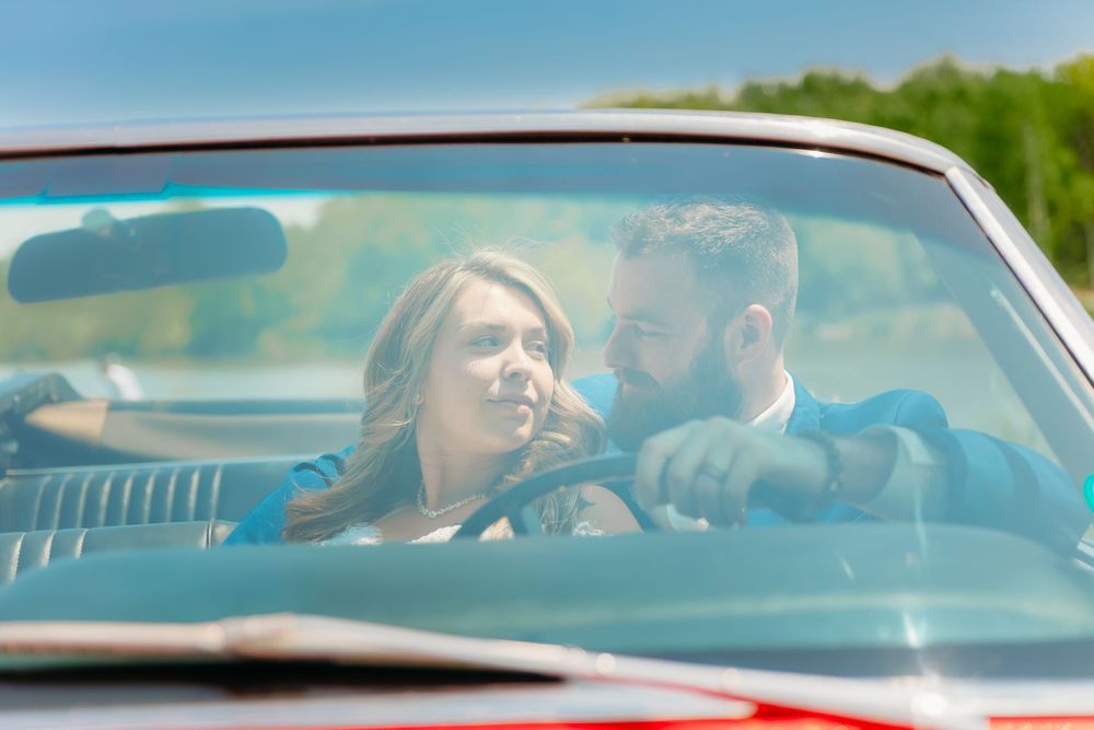 A sequence of photos showing people in cars looking through windshields during different times of day.