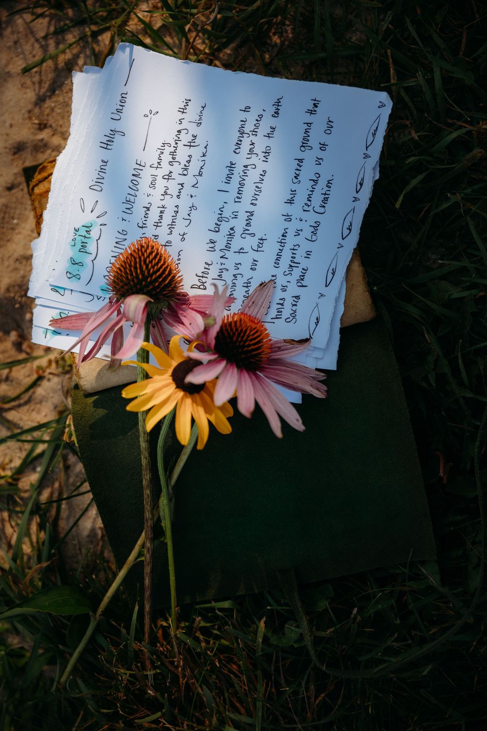 Handwritten journal pages nestled among pink coneflowers and yellow daisies in a garden setting.