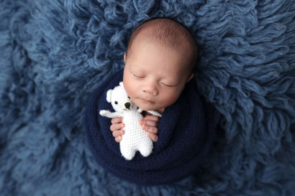 A series of newborn baby photos on soft blue blankets with white plush toys and gentle lighting.