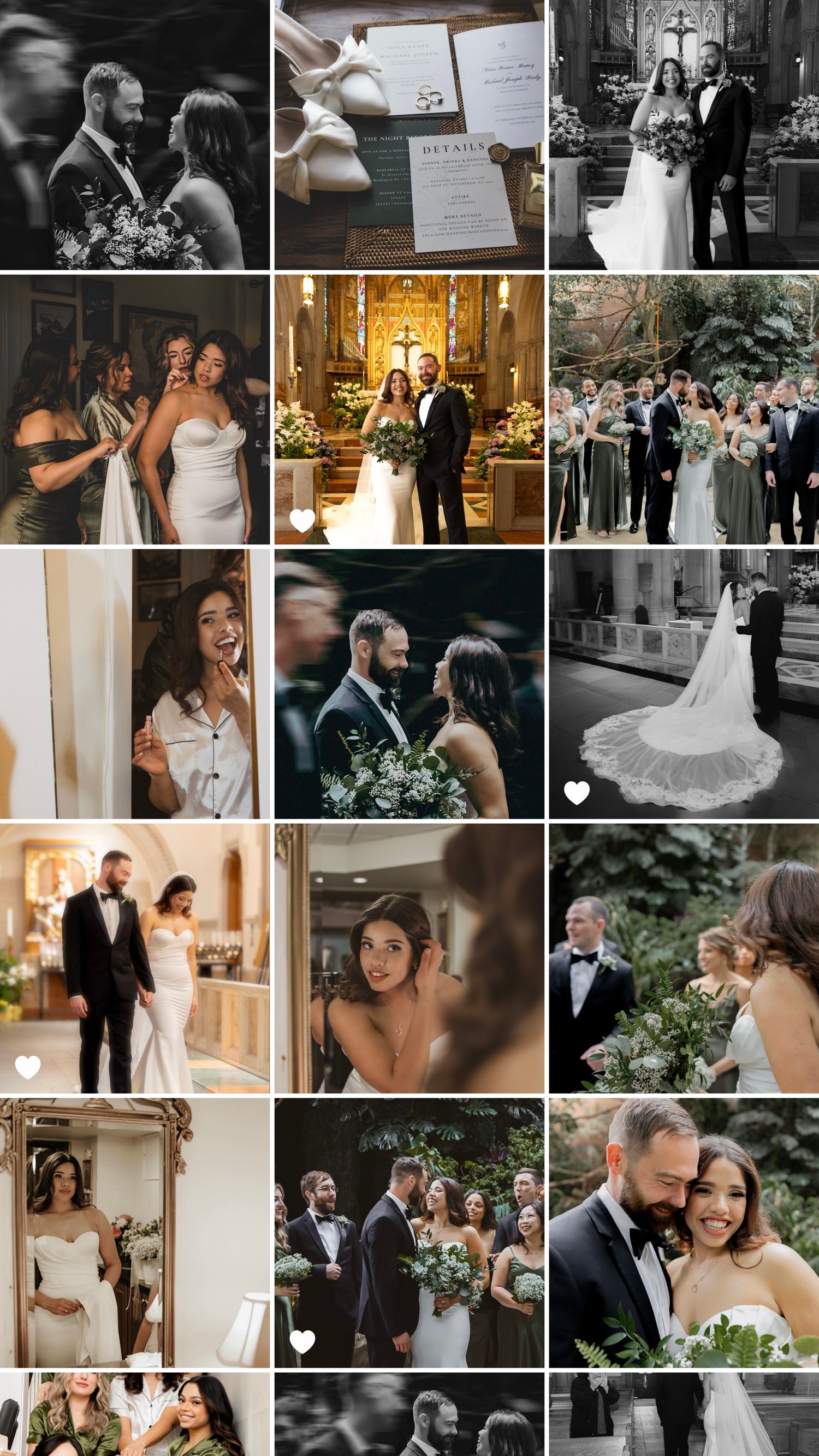 Wedding photo collage featuring candid and posed moments from ceremony and reception in color and black and white.