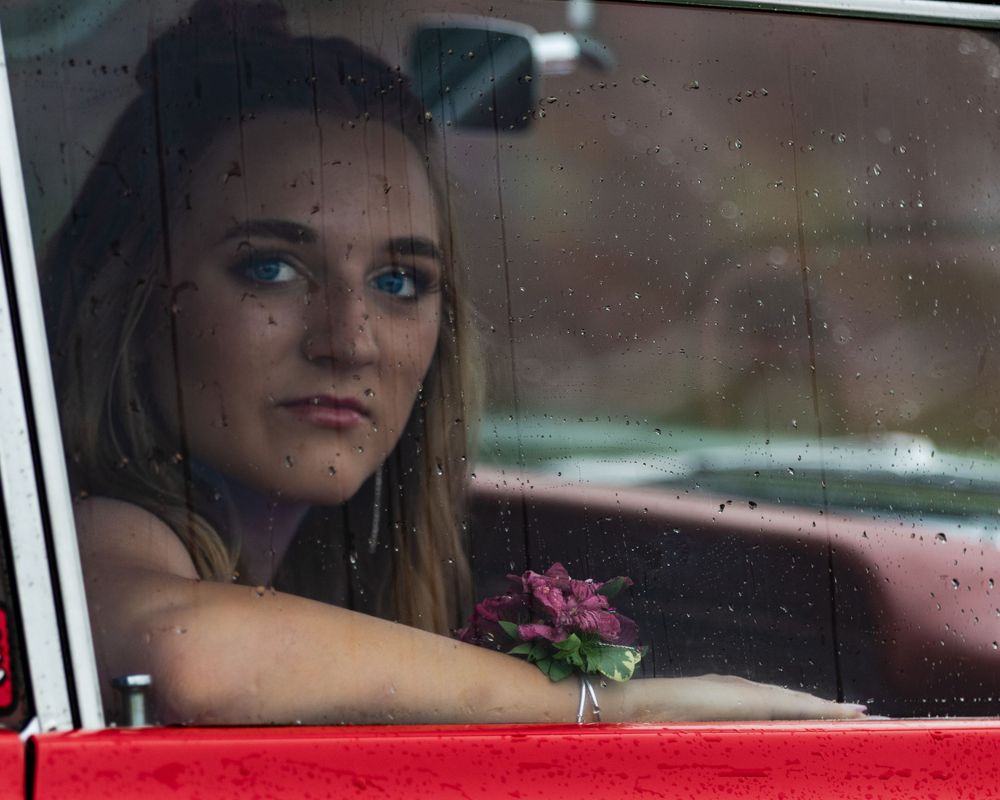 Classic car window frame with pink flower accent in moody lighting.