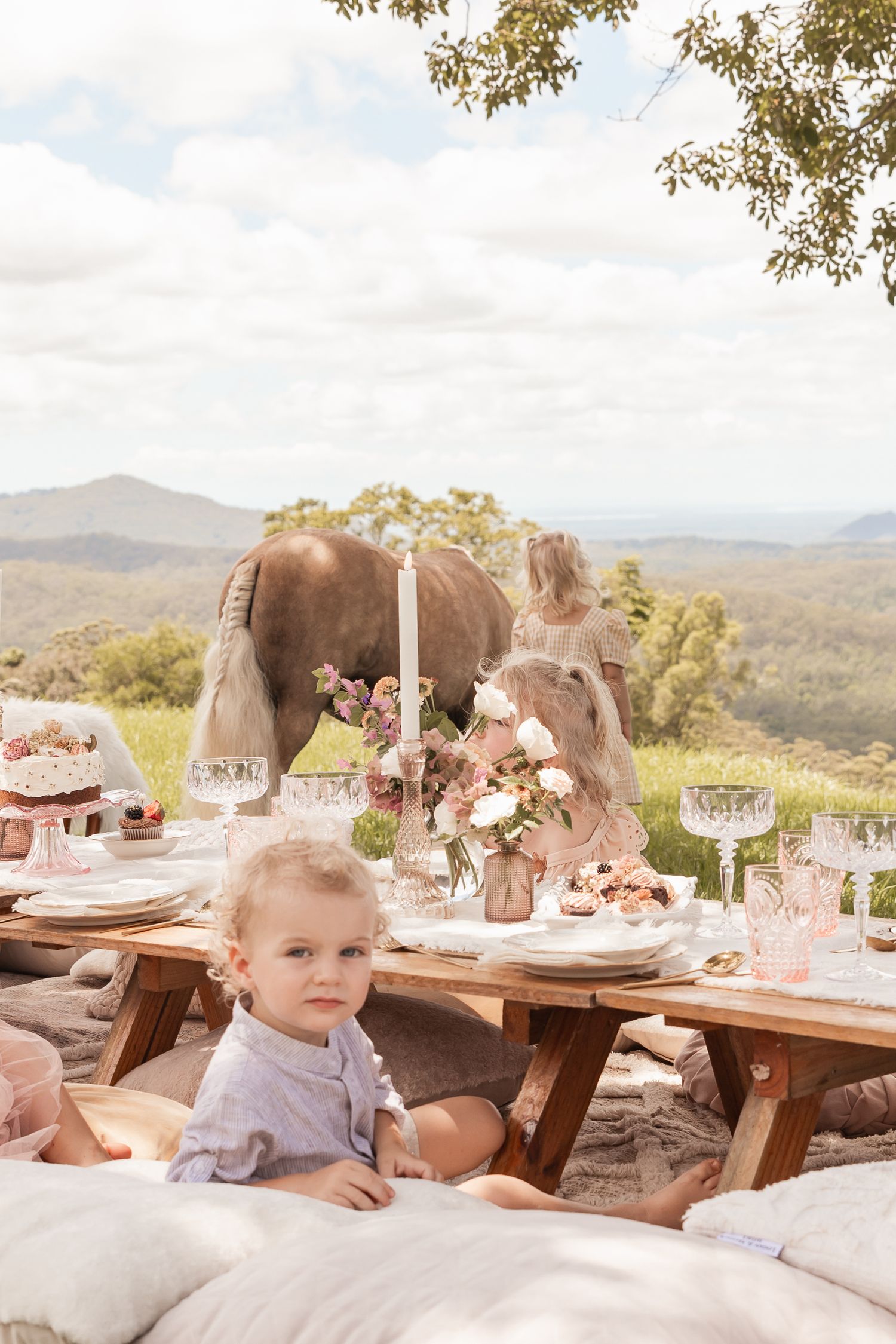 Rustic outdoor dining setup with mountain views and elegant table decorations.