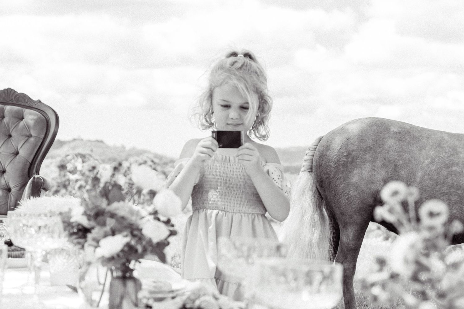 Dreamy outdoor celebration with horses and pink party decorations in a mountain landscape.