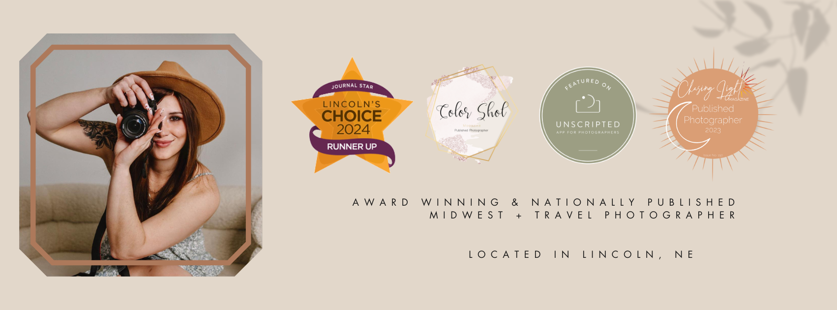 Professional photographer brand identity banner with location details and accolades.