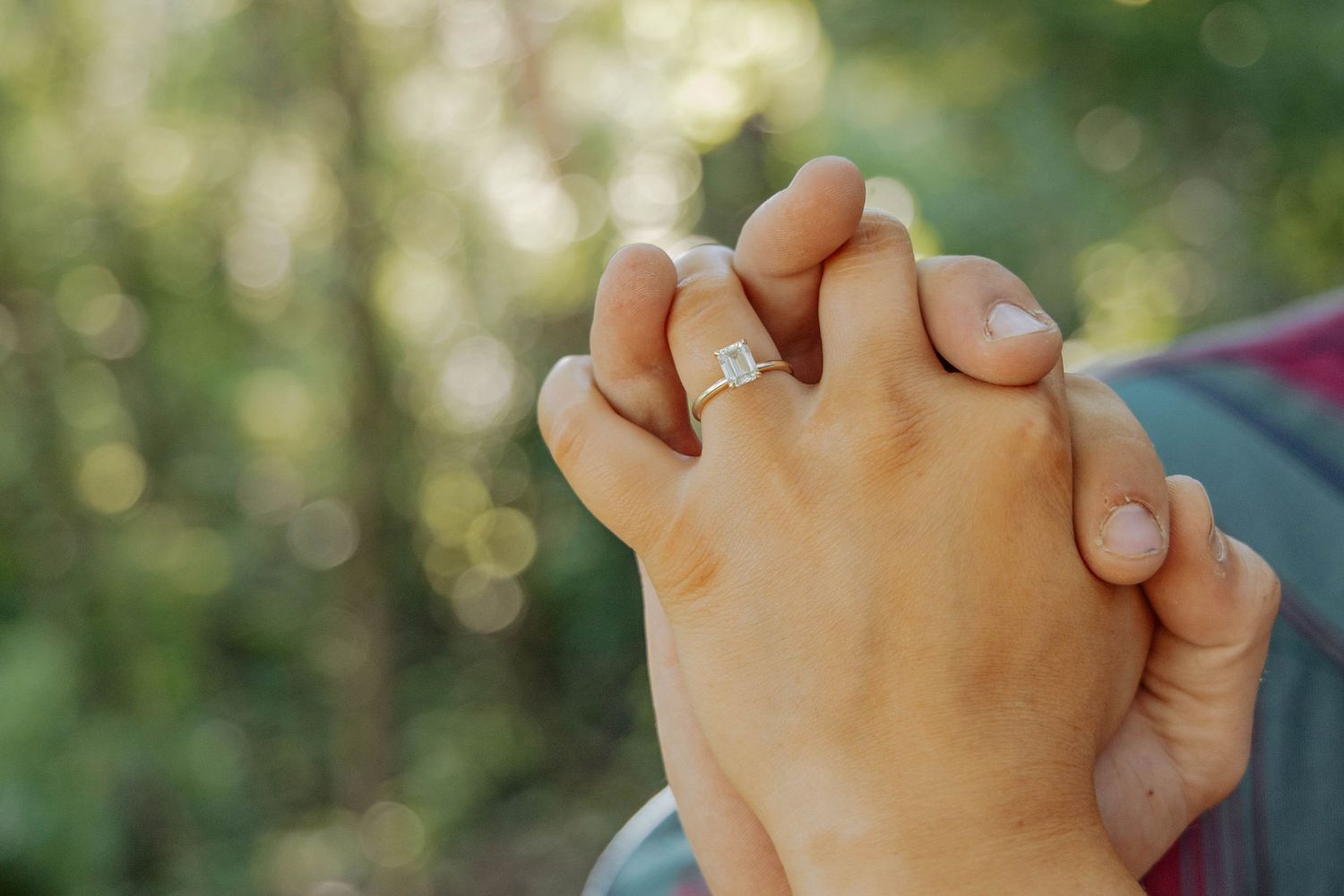 Two hands clasped together in prayer against a blurred natural background.