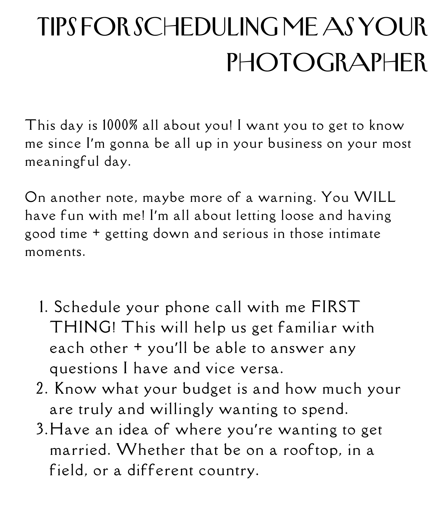Typography layout showing scheduling tips for booking a wedding photographer.