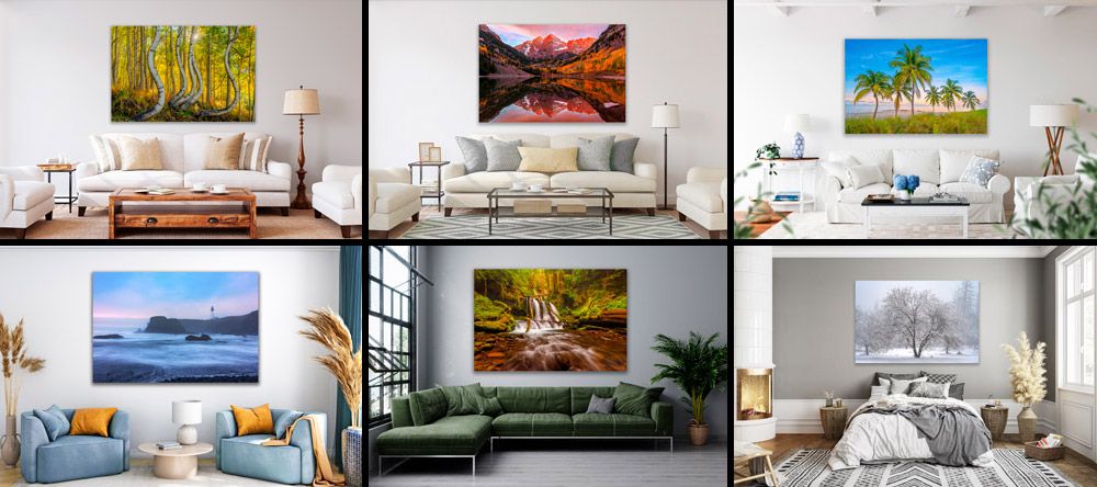 A collage of six nature landscape canvas prints displayed in modern living room interiors.