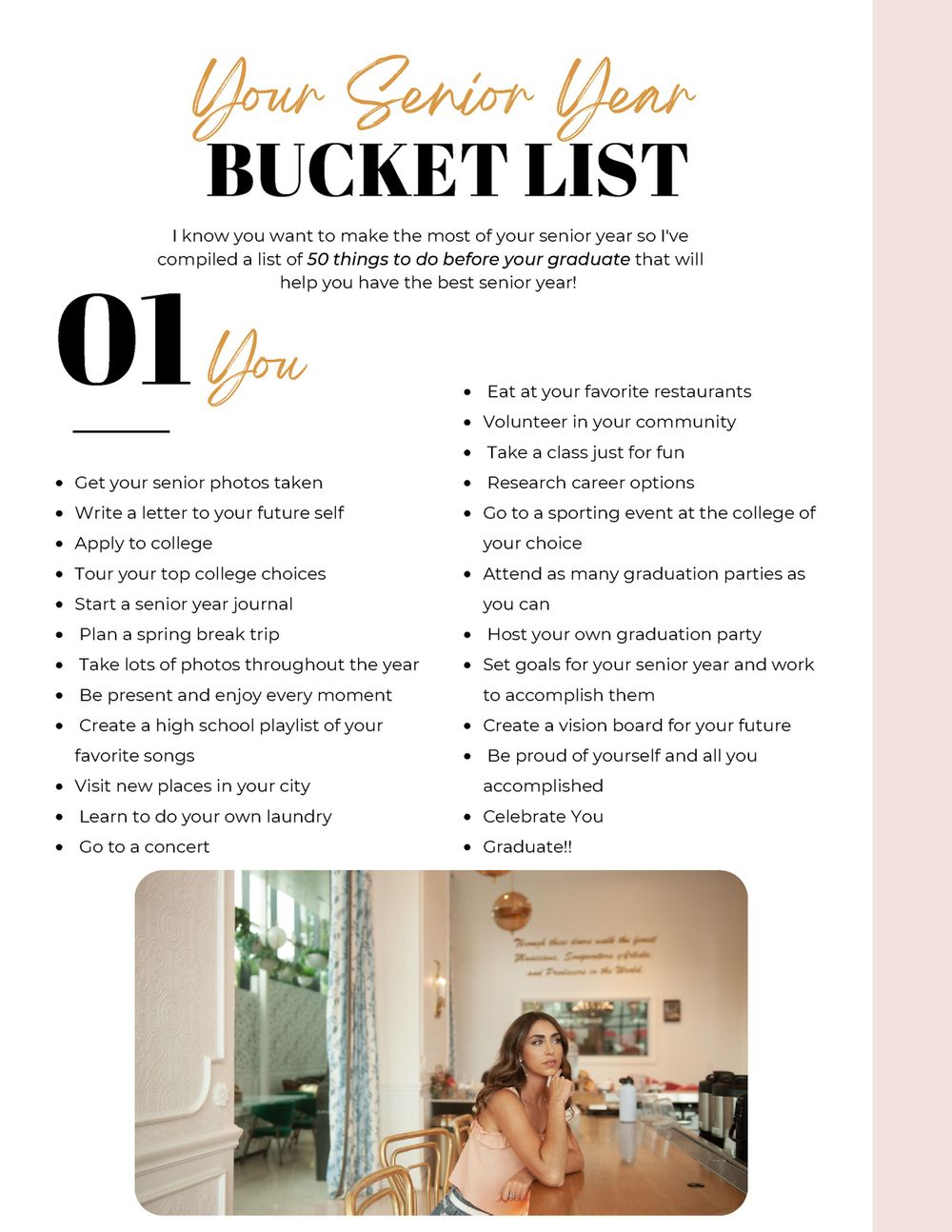 Senior year bucket list page layout with photography and checklist items Columbia TN Senior Photographer.