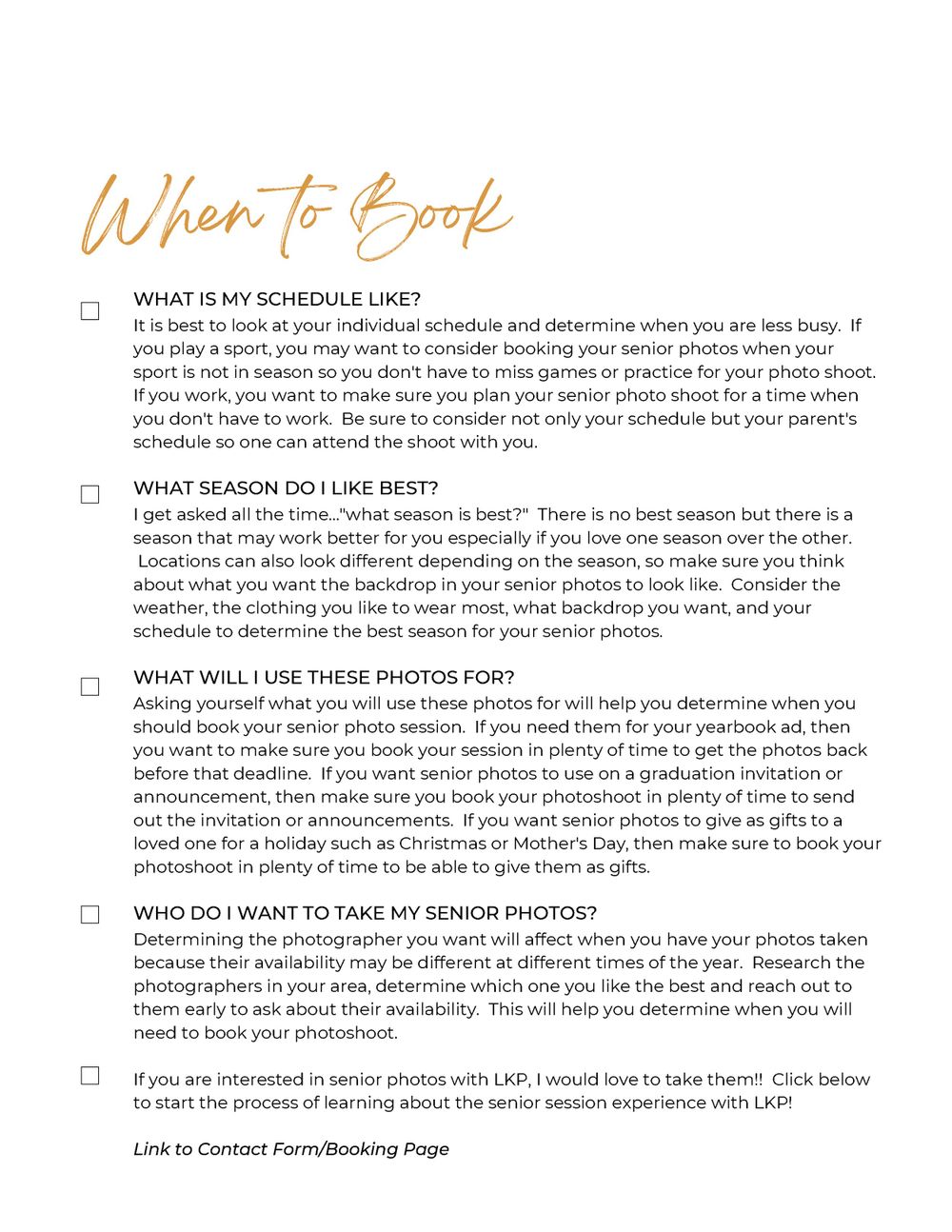 Guide page with text explaining when to book senior photo sessions and scheduling tips.