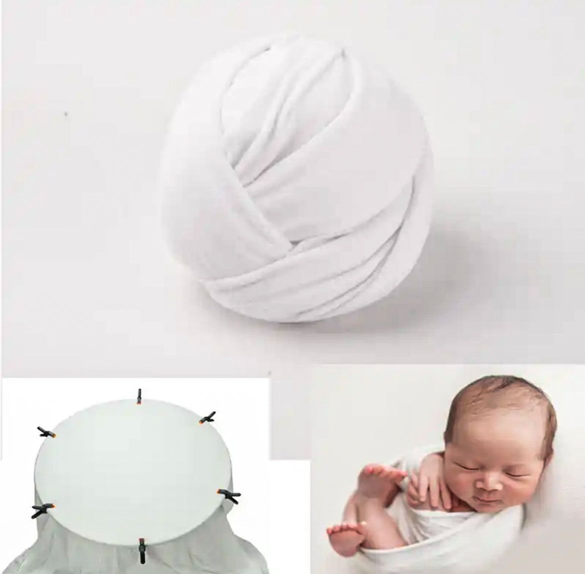 White stretchy fabric wrap and positioning pillow for newborn photography.