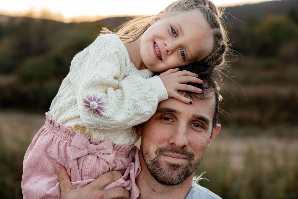 A collection of outdoor family portrait photos taken at sunset with warm lighting and natural backgrounds.