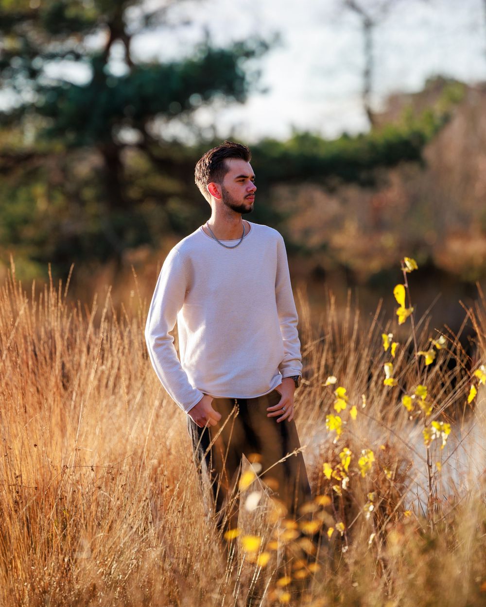 Person in white sweater standing in golden sunlit field of tall grass and yellow wildflowers at sunset.