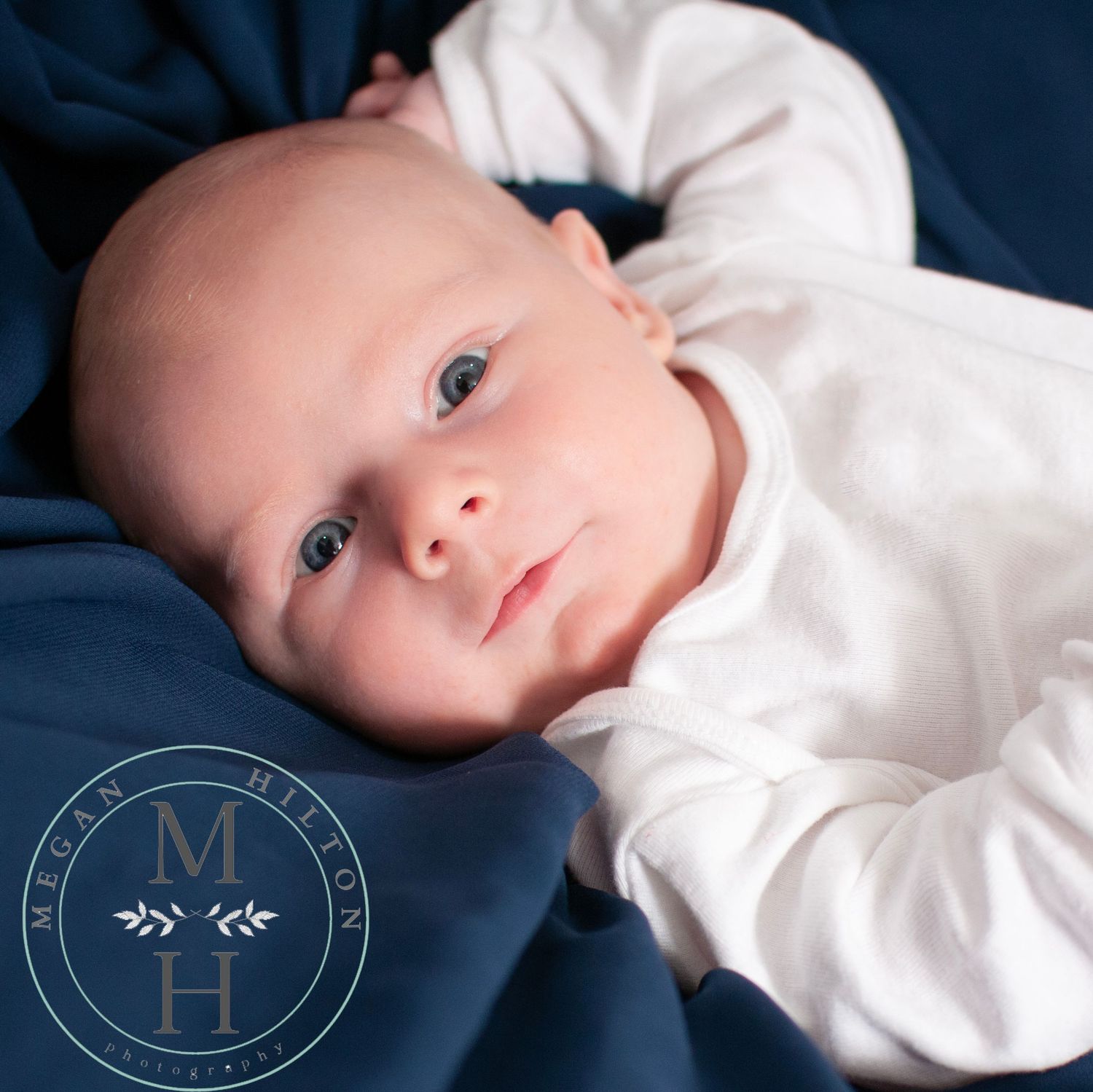 photo of 2 month old boy on navy blue close up