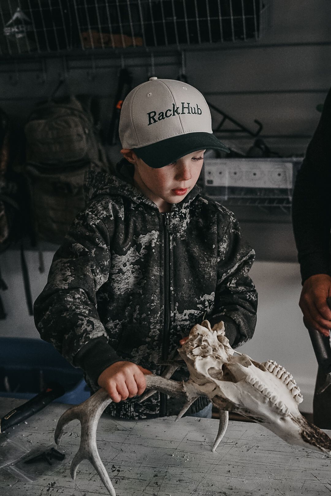 Examining deer skull and antlers on a workshop table.