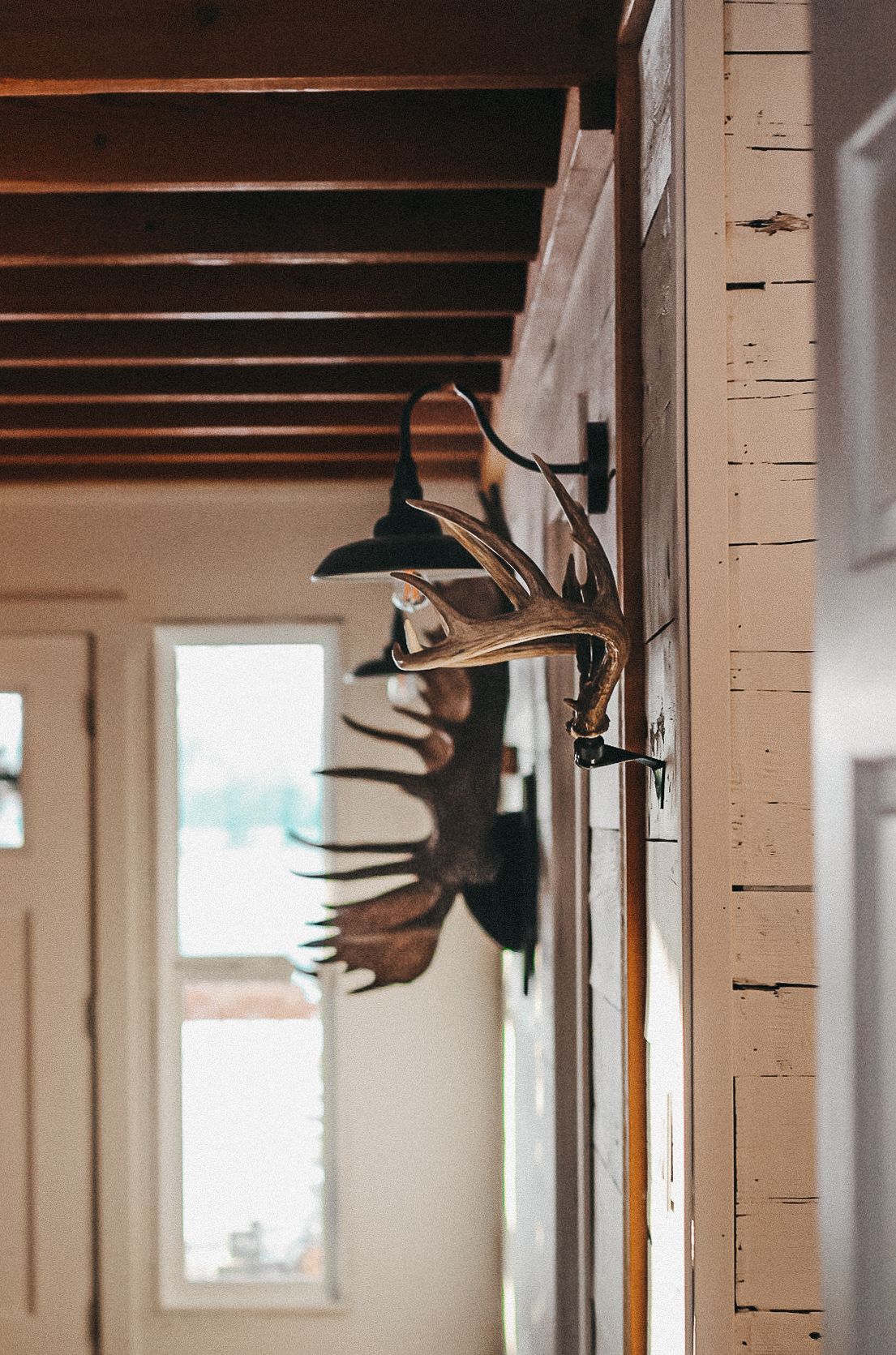 Rustic interior with mounted antler decor and industrial wall lamp.