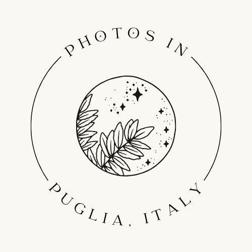 A minimalist circular logo design featuring botanical elements and text 'Photos in Puglia, Italy'.