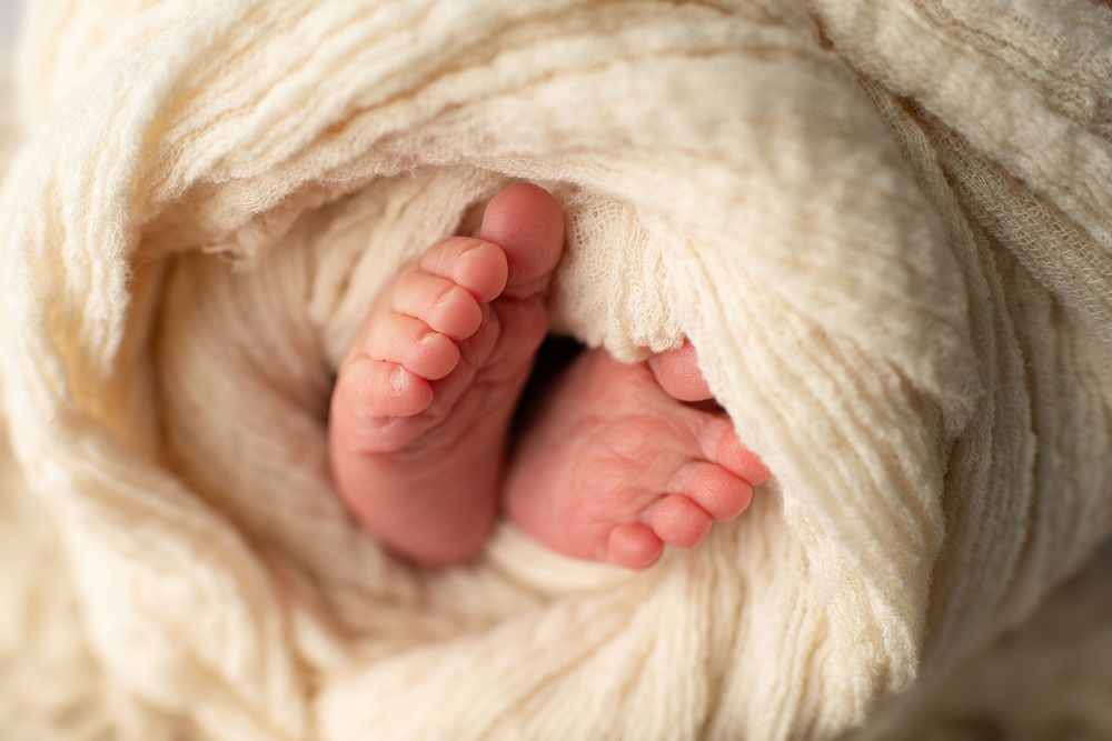 Close-up of newborn baby feet wrapped in a soft cream knit blanket.