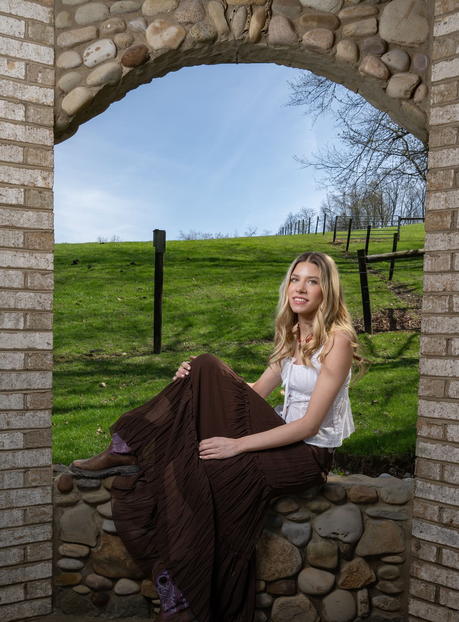 A series of outdoor portrait shots showing a person in a tan jacket against a natural backdrop.