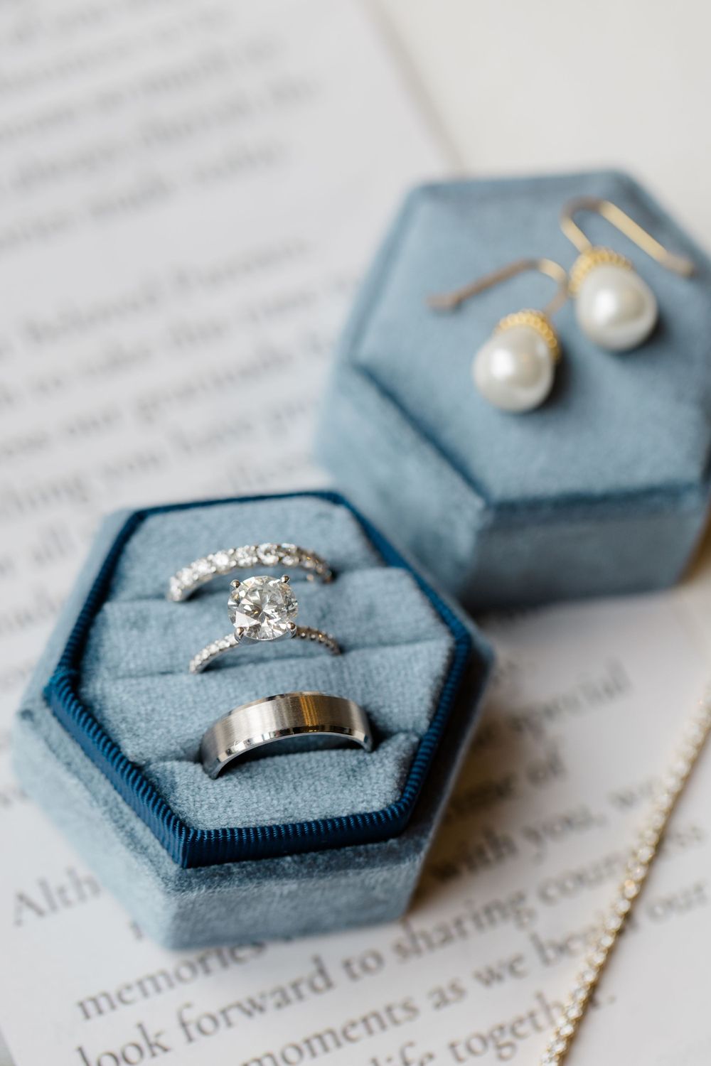 Wedding rings and pearl earrings displayed in blue velvet hexagonal jewelry boxes on a book page.