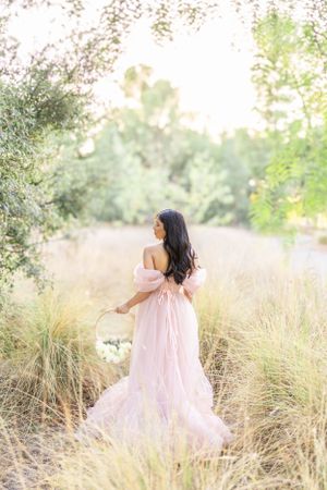 A person in a flowing pink gown stands gracefully among tall golden grasses in a dreamy outdoor setting.