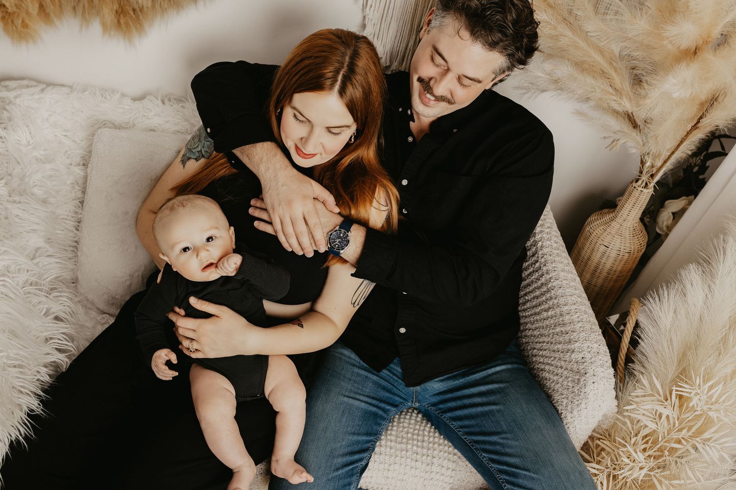 Lifestyle family photography sequence showing loving interactions on cream colored background.