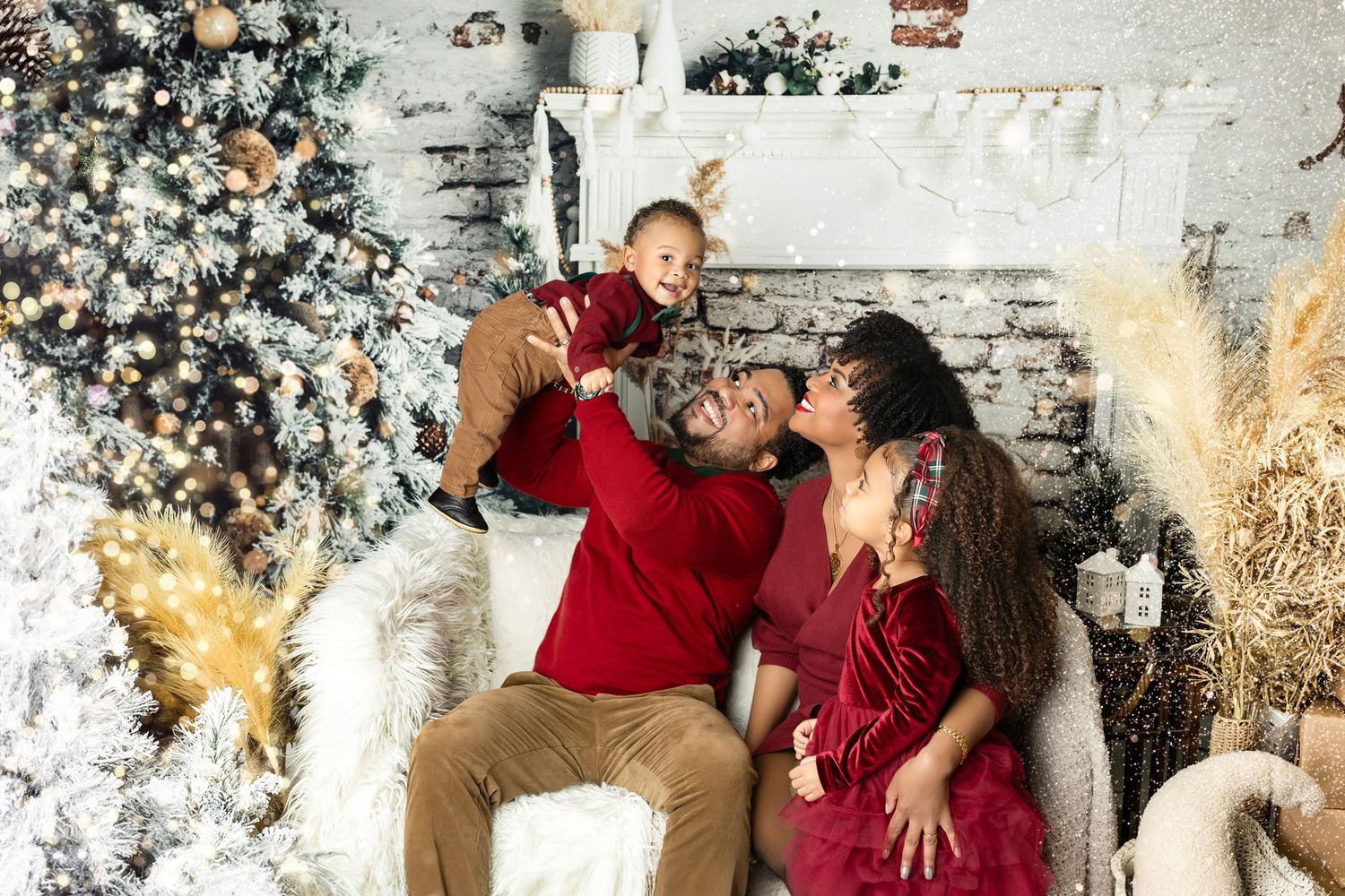 Holiday family photos with Christmas decor and rustic brick wall background.
