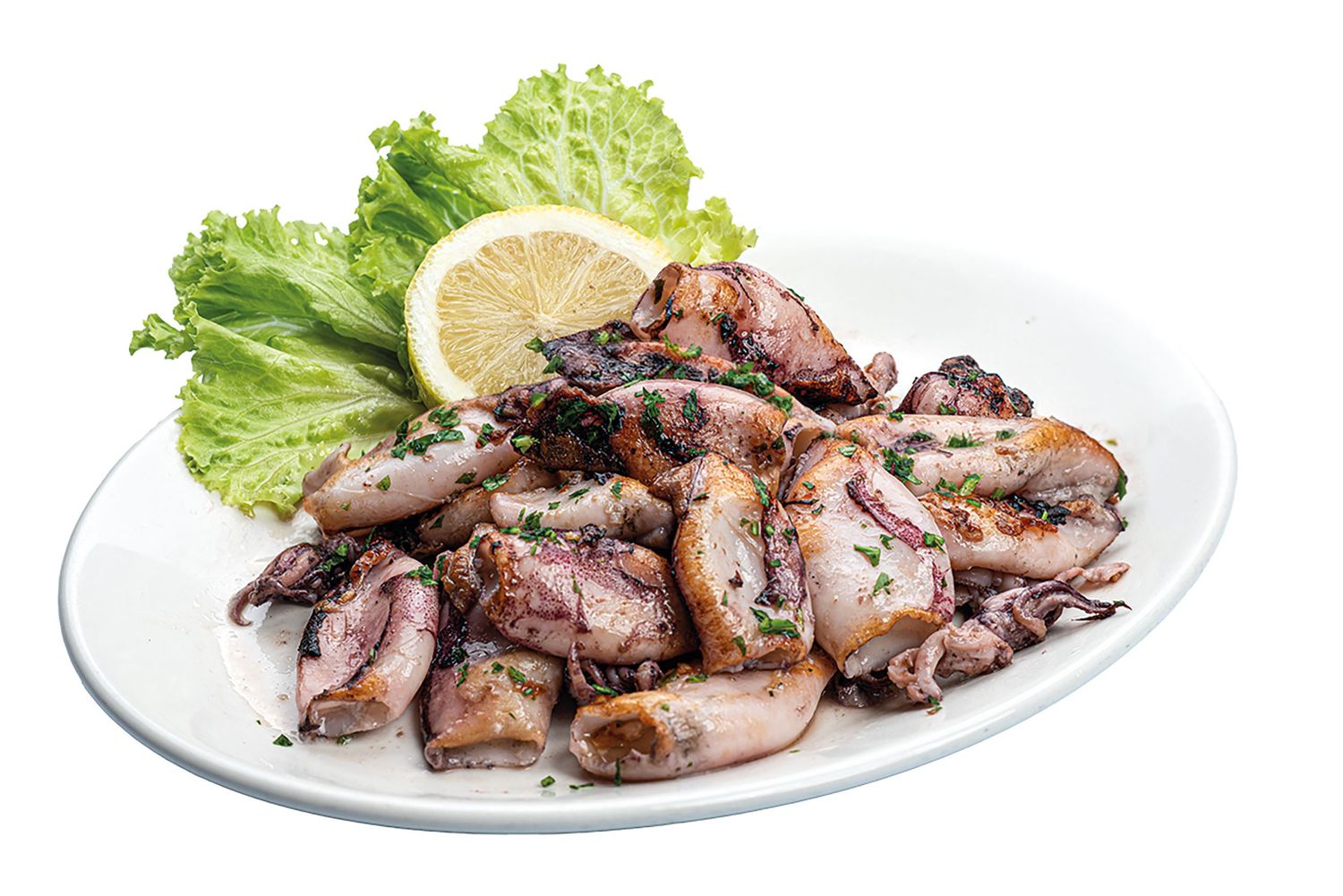 Calamares afogaos servidos en plato blanco con guarnición de hojas de lechuga fresca y rodaja de limón. Crivencar. Tierra Astur