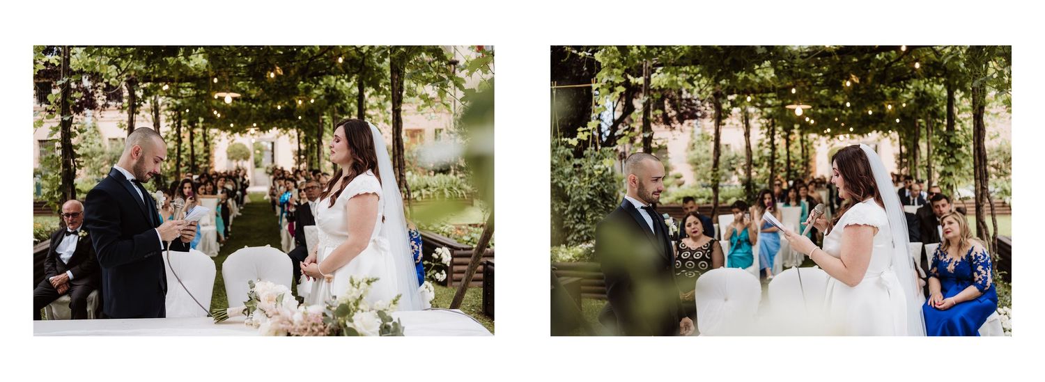 Bride and groom exchanging vows at outdoor ceremony with guests watching under canopy of trees.