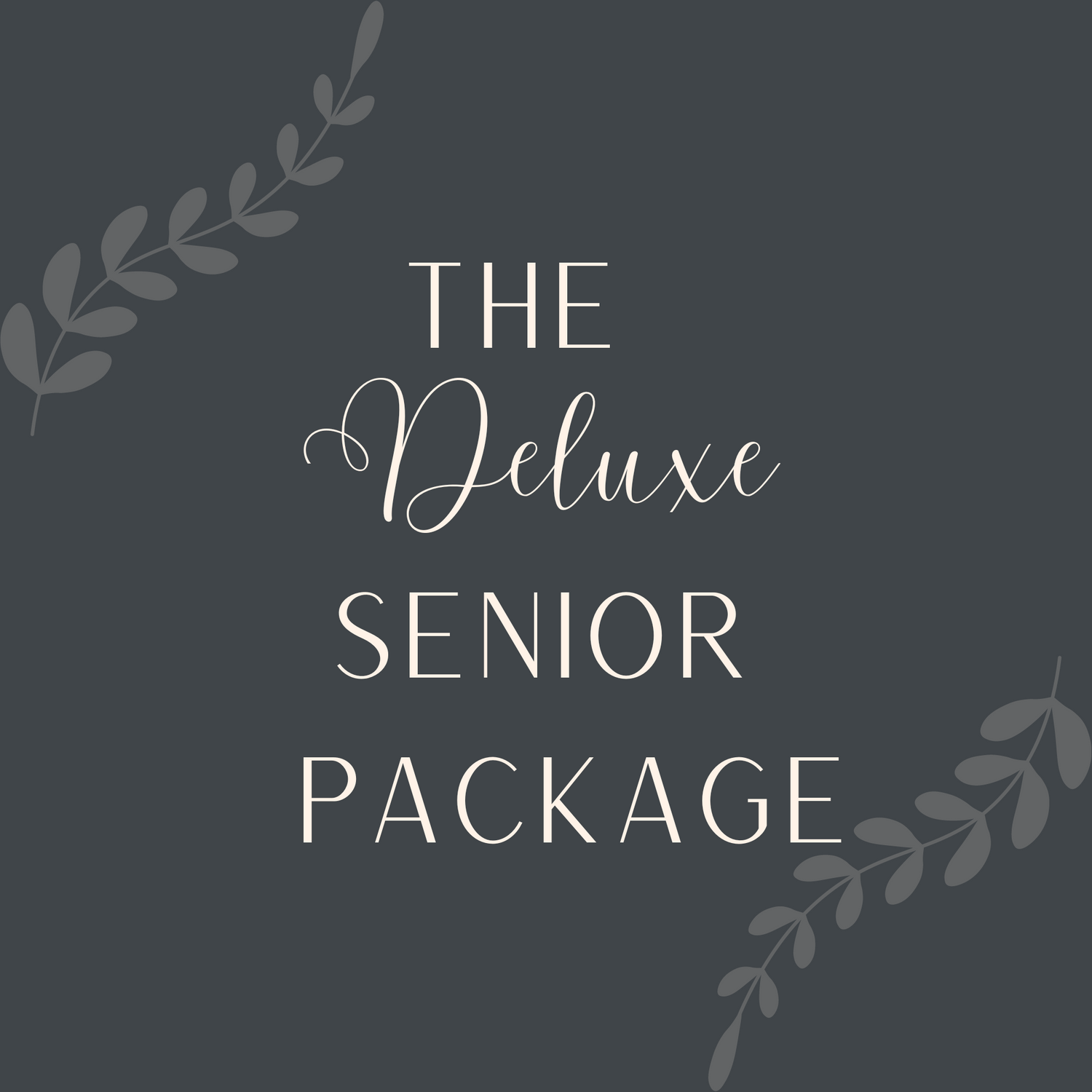 Gray elegant design template displaying 'The Deluxe Senior Package' text with decorative leaves.
