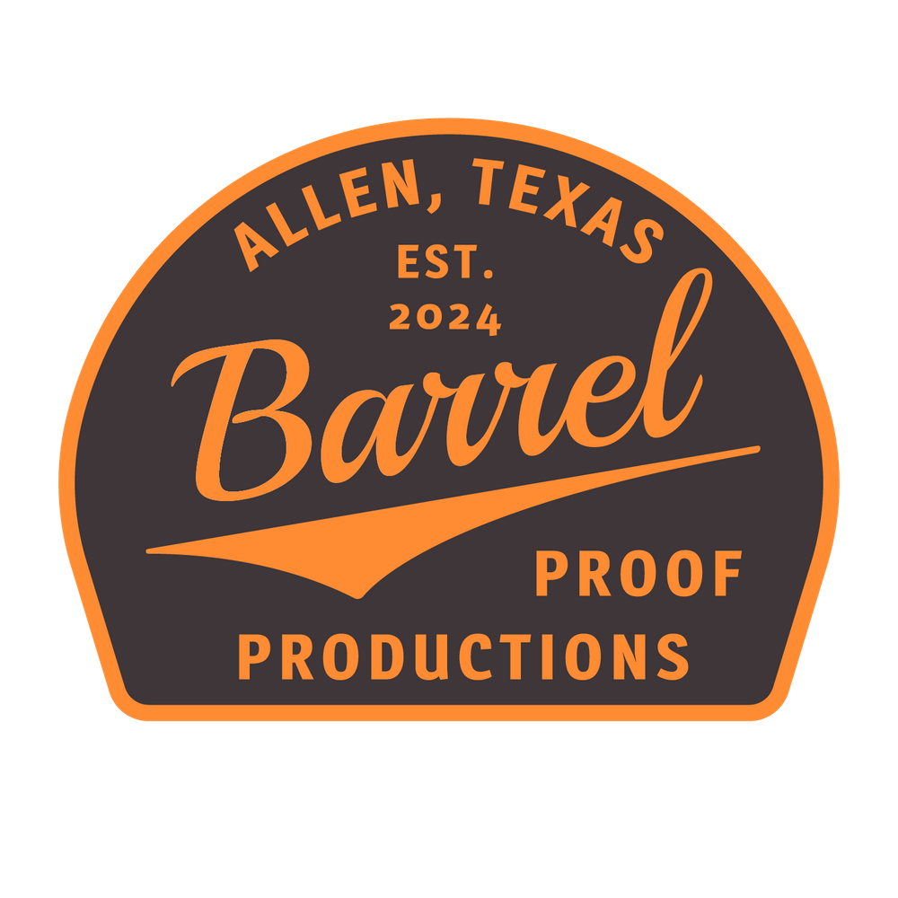 Orange and black circular badge logo for Barrel Proof Productions in Allen, Texas established 2024.