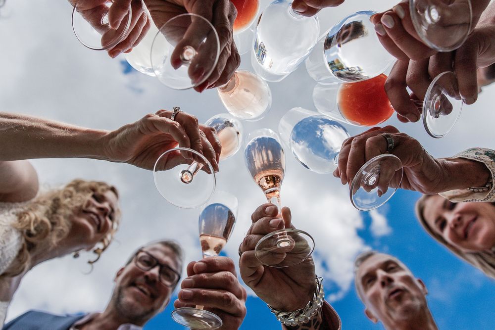 Group of people toasting with wine glasses outdoors, view from below against a blue sky.
