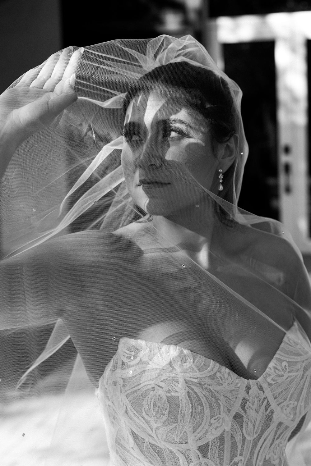 Ethereal black and white portrait series showing delicate lace details and flowing veil in soft light.