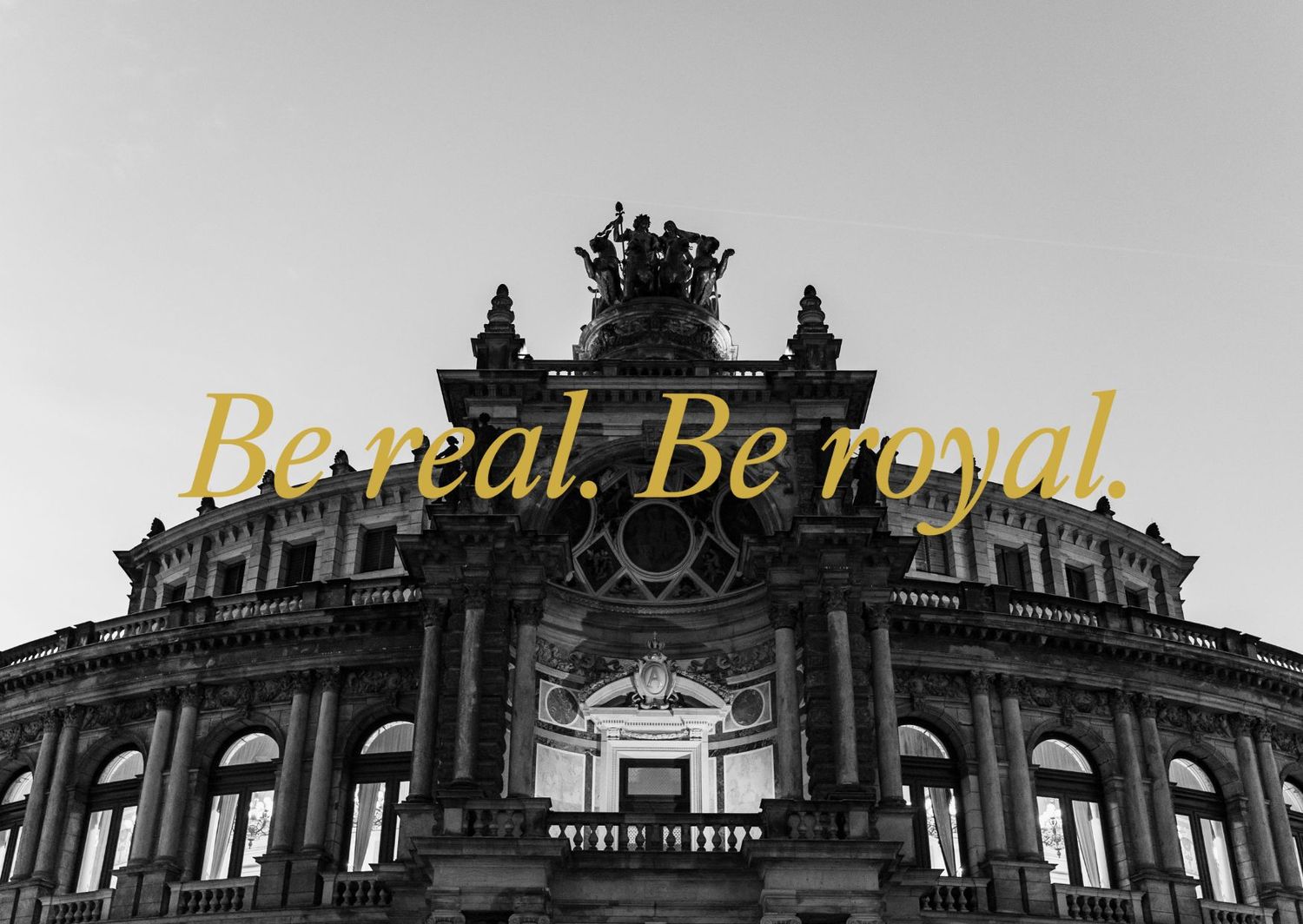 Black and white architectural photo of royal palace with golden text overlay.