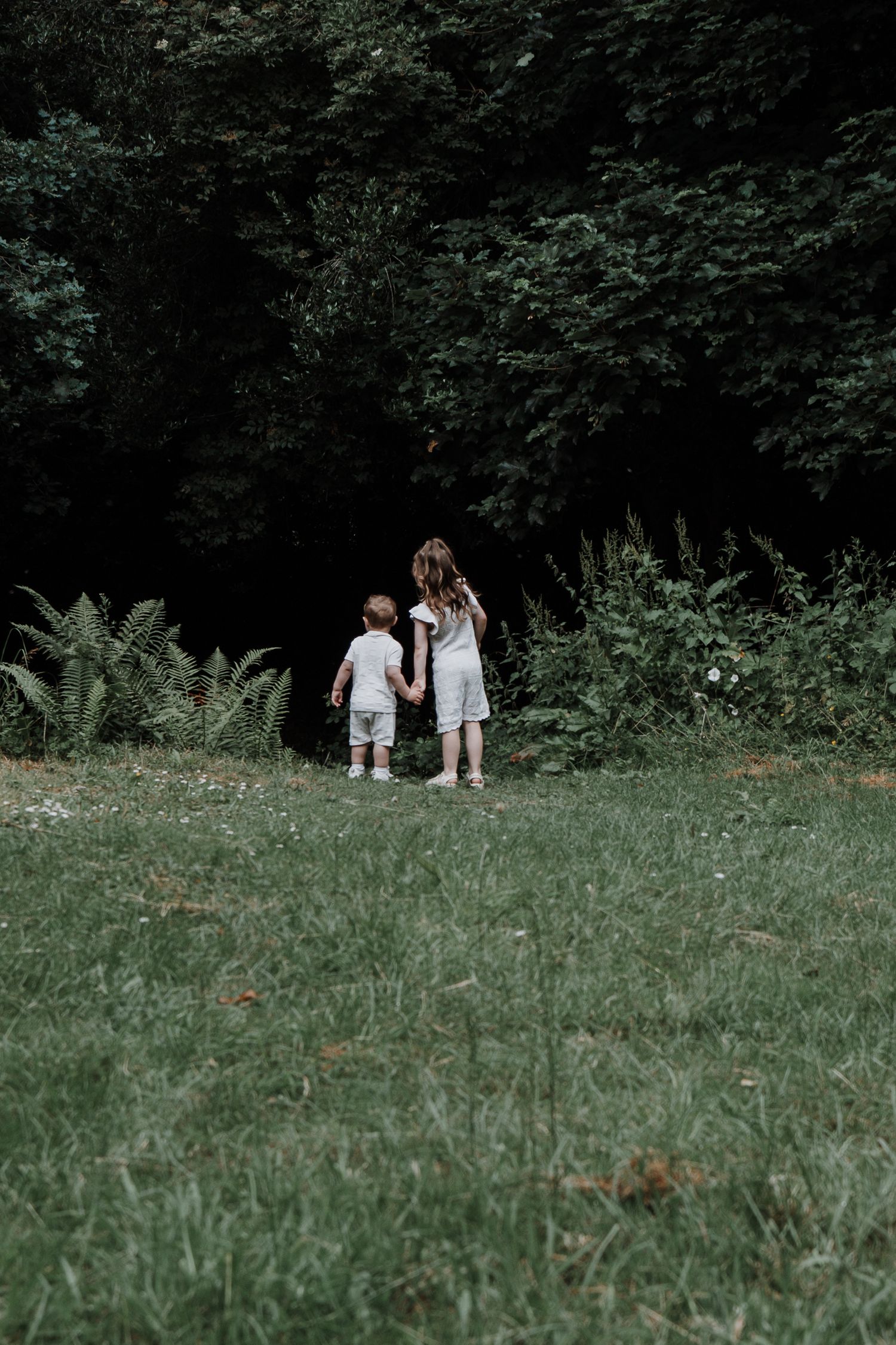 Family Photoshoot - Distant figures walk through a lush green meadow surrounded by trees.