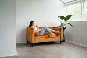 A camel brown leather tufted sofa sits in a bright minimalist room with white walls and natural lighting.