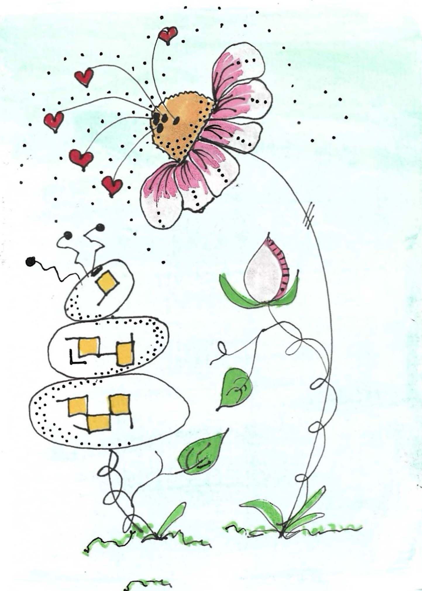 Whimsical watercolor illustration of pink flowers and floating white shapes with yellow squares against a light blue background.