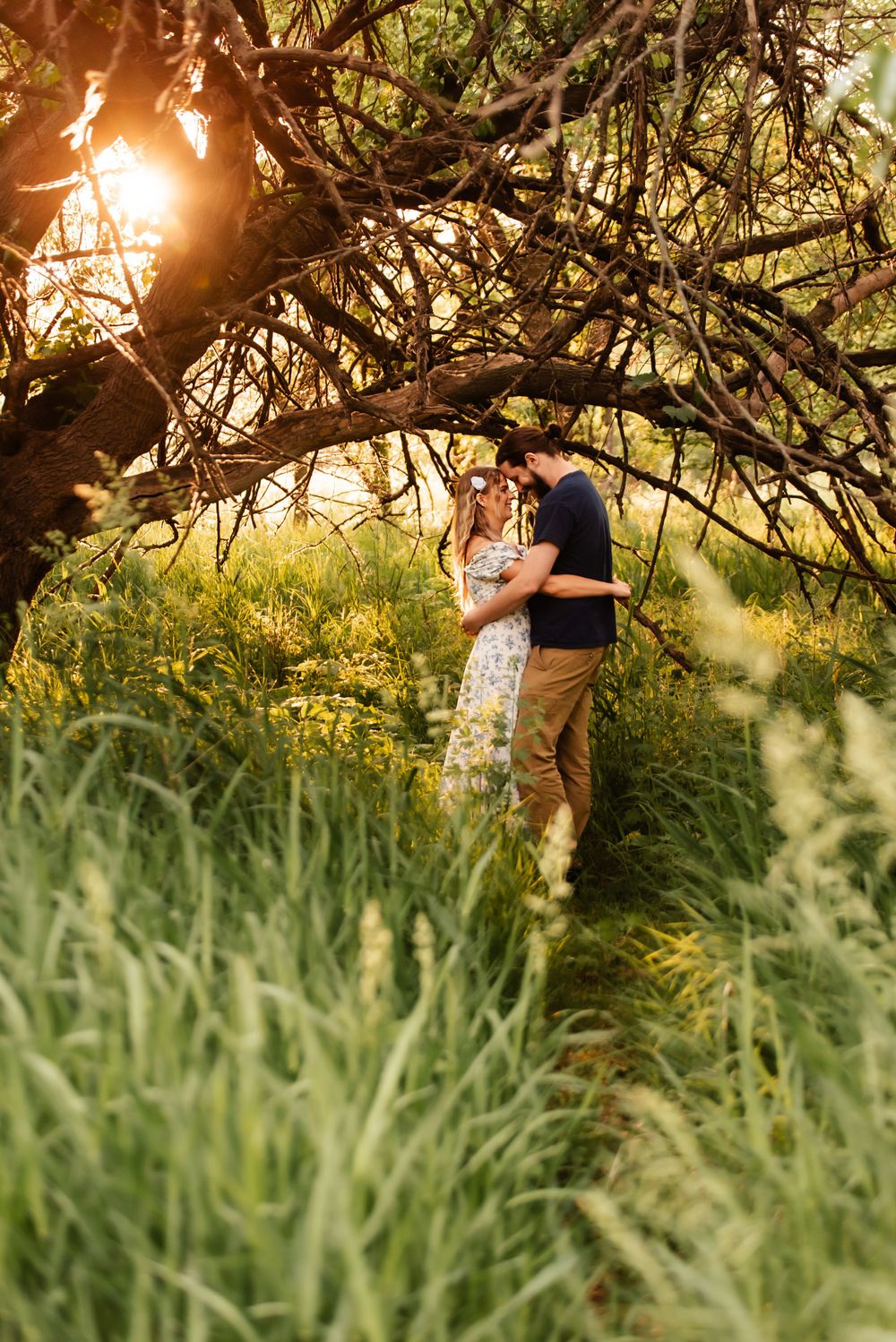 A couple embraces in a field of tall grass at sunset beneath overhanging tree branches.