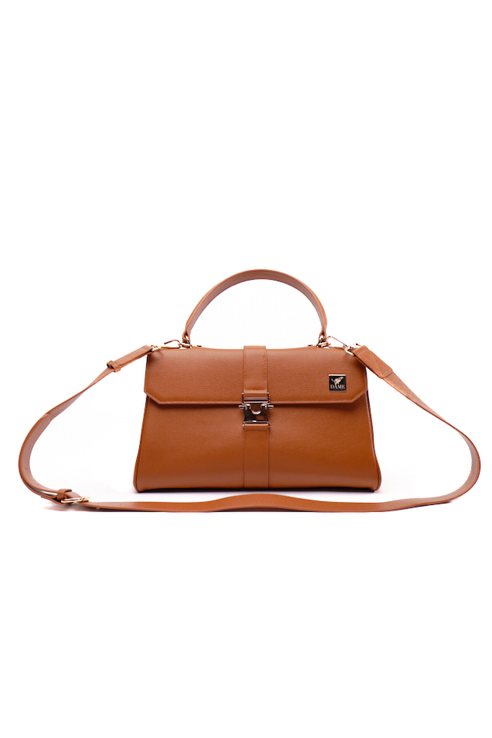Elegant tan leather handbag with gold hardware and shoulder strap displayed on white background.