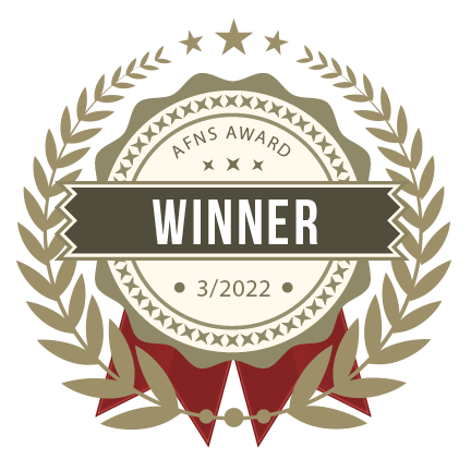 Gold and olive wreath award badge design with winner text and red accent.