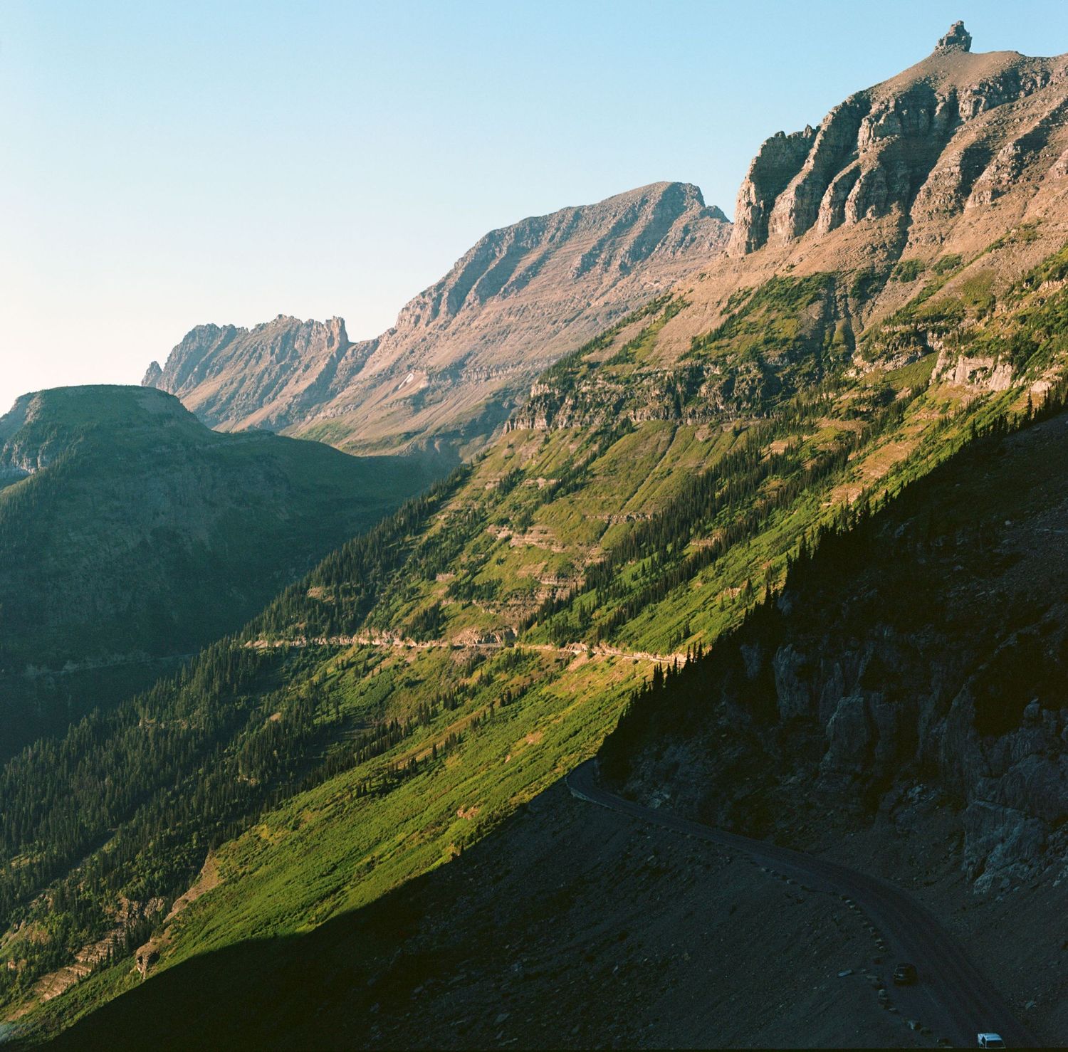 Sunset on lush green mountains at Glacier National Park. Taken on a medium format film camera.