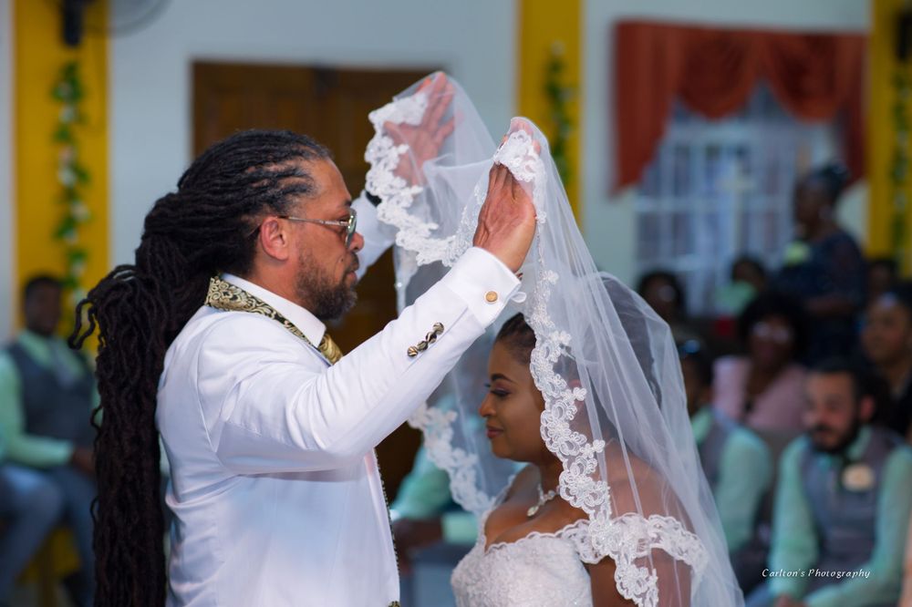Wedding ceremony moment with bride in white gown and flowing veil.
