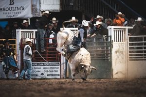Western rodeo arena with spectators watching from behind metal barriers.