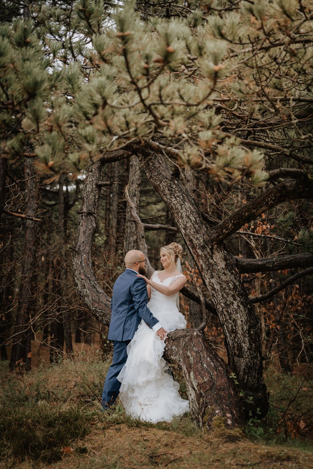 A couple shares a romantic moment among tall pine trees in a moody forest setting during autumn.