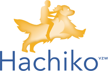 A golden logo showing a simplified illustration of a person riding a flying dog with Hachiko text underneath.